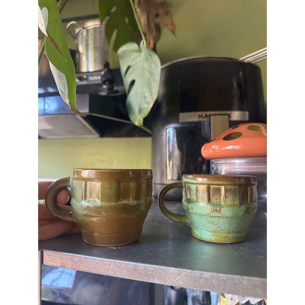 Vintage France Studio Pottery Mug Set Green Brown Brutalist MCM Ceramic 2pc